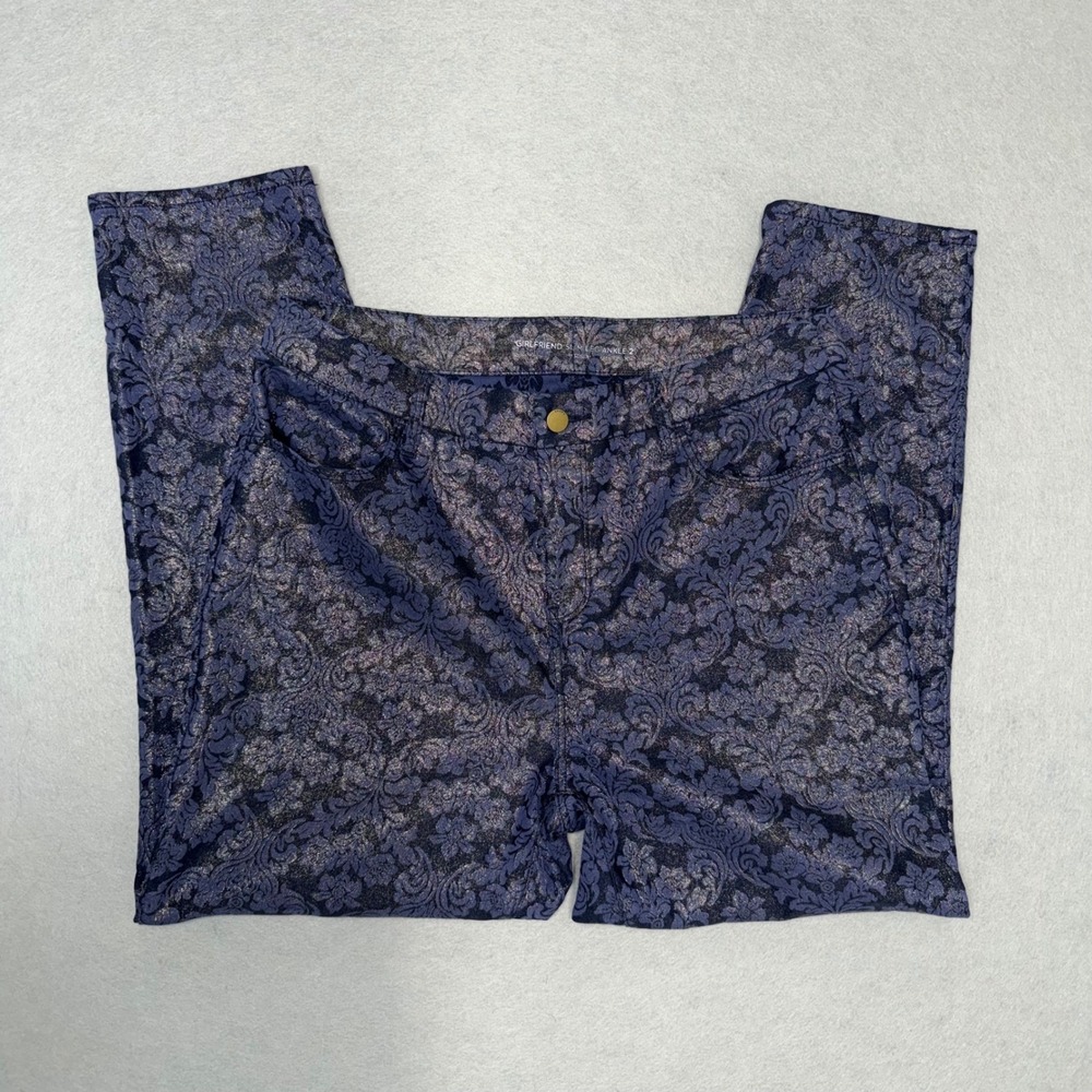 Chicos Girlfriend Slim Leg Ankle Pants Navy Blue Metallic Damask Floral Size 2 L